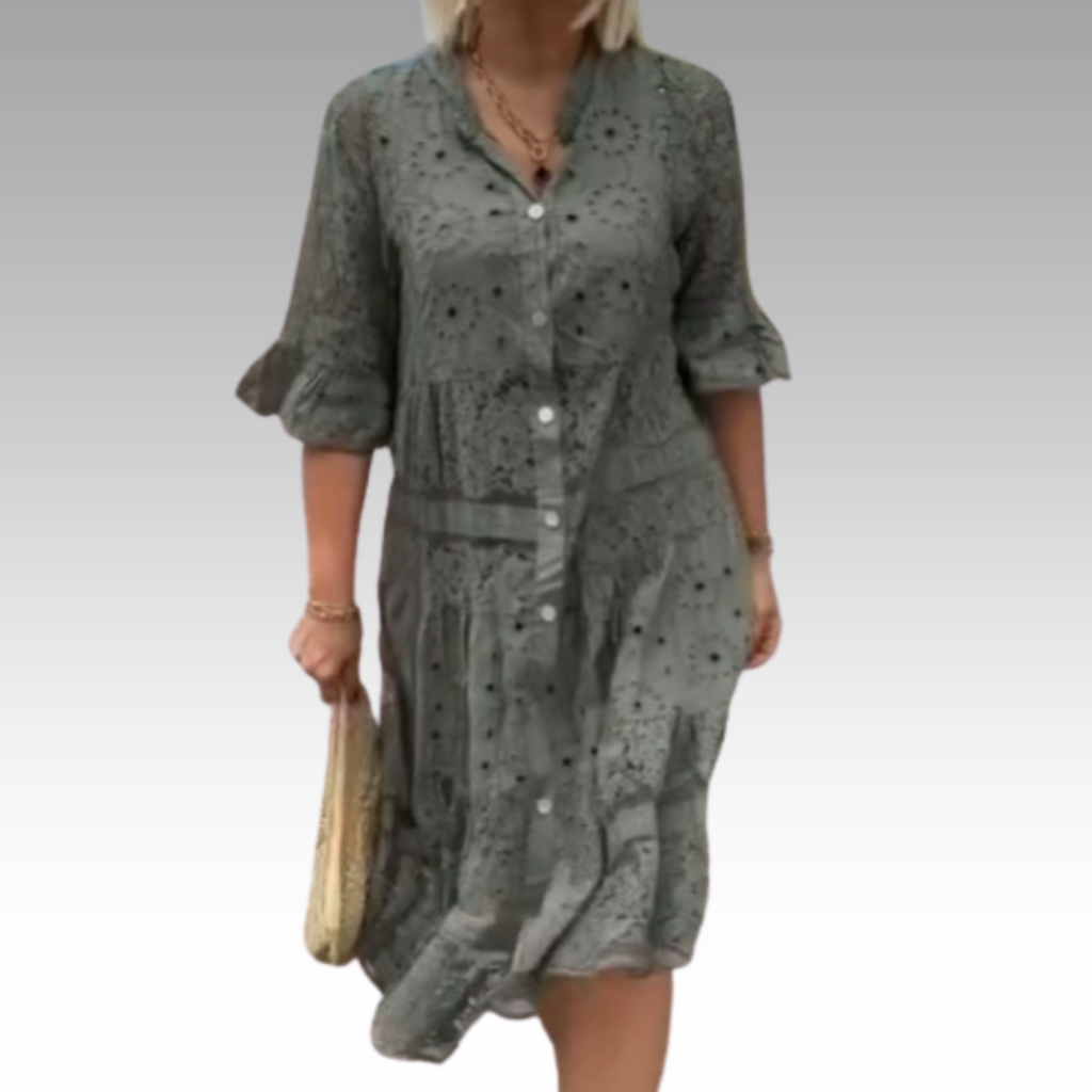 Emberly™ – Locker sitzendes Kleid mit Stickerei und Knopfleiste